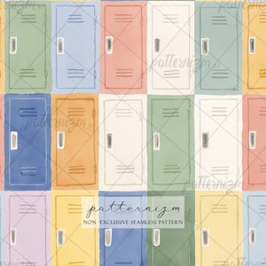Könnte beinhalten: Aquarell-Illustration eines sich wiederholenden Musters von Schulschließfächern in verschiedenen Pastellfarben. Jedes Schließfach hat einen Griff und horizontale Linien. Der Text "patternizm" und "NON-EXCLUSIVE SEAMLESS PATTERN" befindet sich unten.