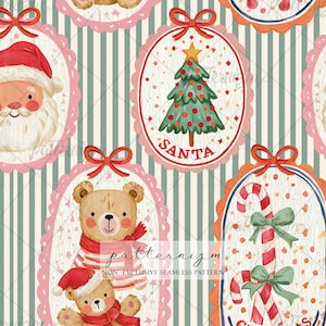 Vintage Christmas Cameo Seamless Pattern Digital Download – Santa, Teddy Bear & Candy Cane Holiday Fabric Print