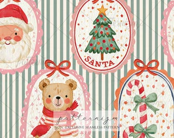 Vintage Christmas Cameo Seamless Pattern Digital Download – Santa, Teddy Bear & Candy Cane Holiday Fabric Print