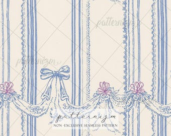 Seamless French Ribbon Stripe Pattern Digital Download – Vintage Blue Toile Bow Floral Garland, Coquette Wallpaper, Elegant Repeat