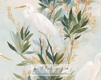 White Egret Seamless Pattern Digital Paper – Elegant Botanical Bird Repeat Design