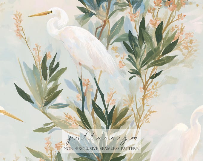 White Egret Seamless Pattern Digital Paper – Elegant Botanical Bird Repeat Design