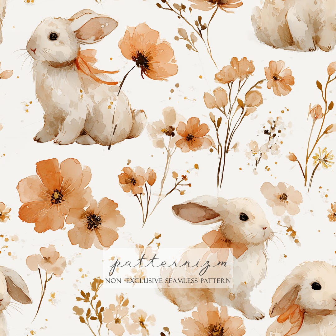 Watercolor Bunny Floral Digital Paper – Seamless Beige Rabbits With ...