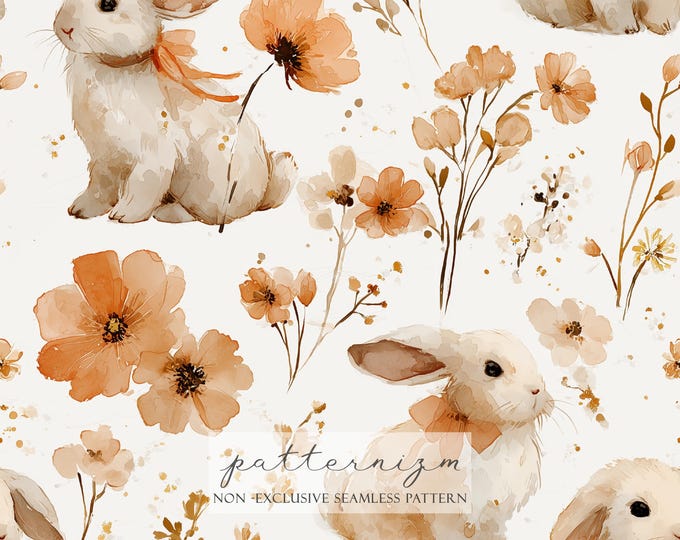 Watercolor Bunny Floral Digital Paper – Seamless Beige Rabbits with Orange Wildflowers for Baby Shower, Spring Decor & Crafts