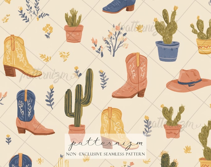 Seamless Western Cowboy Boots Pattern Digital Download – Hand Painted Cactus and Boots, Southwestern Fabric