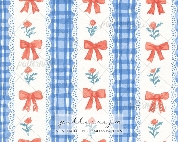 4th of July Coquette Seamless Pattern – Patriotic Gingham Stripe, Bow and Floral Lace Design, Vintage Americana Fabric