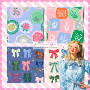May include: A collage of seamless patterns featuring floral and bow designs in pastel colors. The patterns include roses, lace, and bows in various colors. The image also includes a vintage-style illustration of a woman.