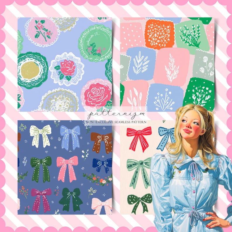 May include: A collage of seamless patterns featuring floral and bow designs in pastel colors. The patterns include roses, lace, and bows in various colors. The image also includes a vintage-style illustration of a woman.