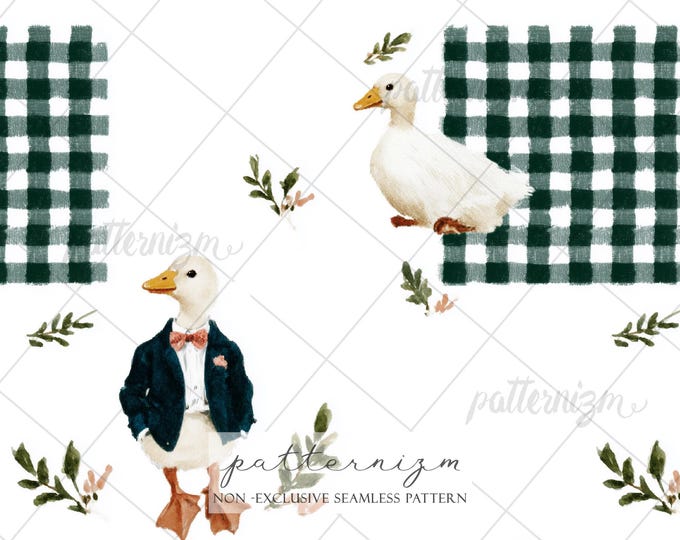 Seamless Duck Cottage Pattern Digital Download – Cute Goose & Gingham Design, Farmhouse Animal Print, Kids Fabric Nursery Decor