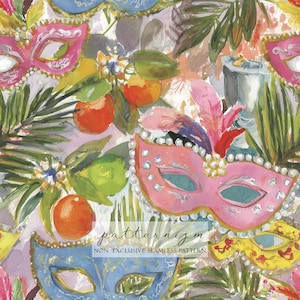 Watercolor Carnival Mask Seamless Pattern – Tropical Fruit Mardi Gras Mask Digital Paper for Festive Crafts & Fabric