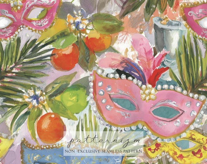 Watercolor Carnival Mask Seamless Pattern – Tropical Fruit Mardi Gras Mask Digital Paper for Festive Crafts & Fabric