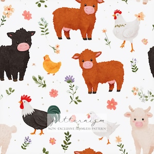 May include: A seamless pattern featuring watercolor illustrations of farm animals, including cows, chickens, and a rooster, interspersed with floral elements. The animals are in shades of brown, black, and white, set against a white background with pink and purple flowers.