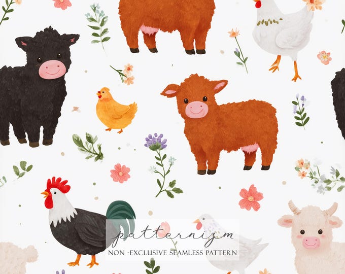 Cute Farm Animal Seamless Pattern – Calf, Chicken, Rooster, Baby Cow and Flowers, Pastel Digital Paper for Kids, Digital Download