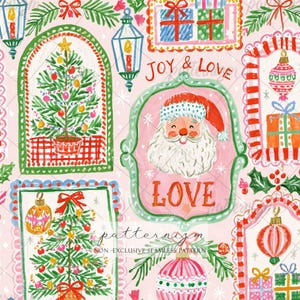 May include: A seamless pattern featuring hand-painted Christmas illustrations on a light pink background. Elements include Santa Claus, decorated pine trees, gift boxes, hanging ornaments, and lanterns. The text reads JOY & LOVE.