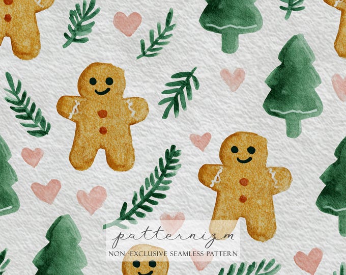 Gingerbread Christmas Seamless Pattern Digital Paper – Cute Cookies with Trees and Hearts for Holiday Crafts & Wrapping