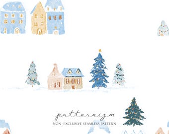 Watercolor Winter Village Seamless Pattern – Snowy Houses and Christmas Trees, Soft Pastel Digital Paper