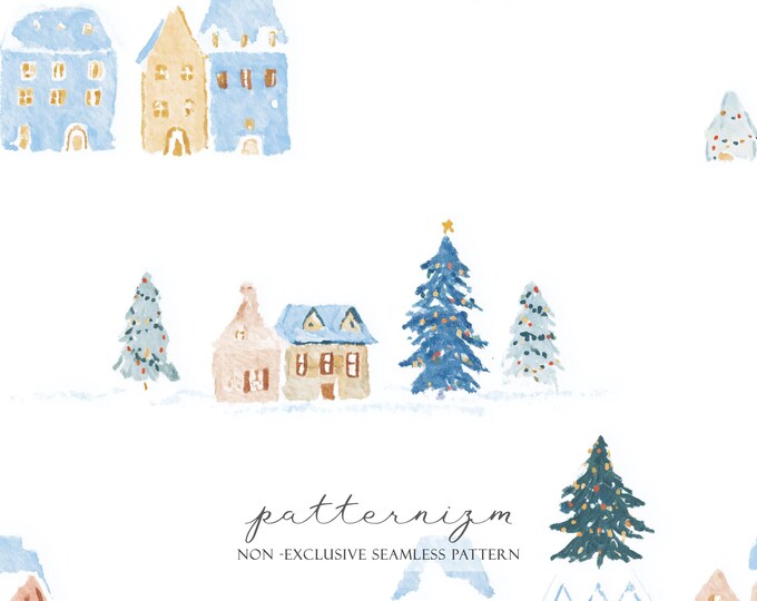Watercolor Winter Village Seamless Pattern – Snowy Houses and Christmas Trees, Soft Pastel Digital Paper