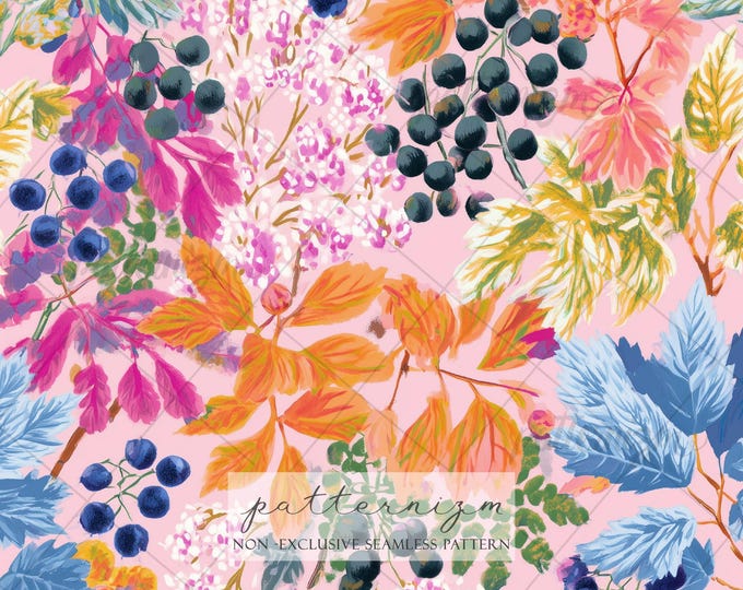 Seamless Berry Harvest Pattern Digital Download – Whimsical Autumn Leaf & Fruit Design, Pink Botanical Fabric for Crafts