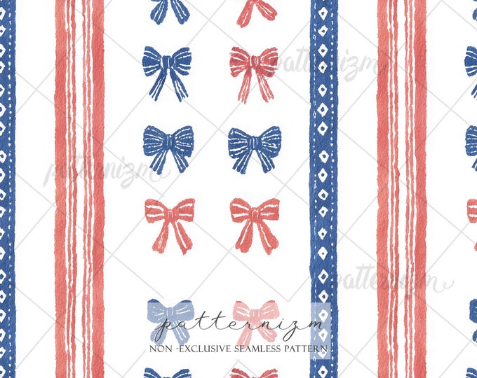 Seamless Patriotic Bow Pattern Digital Download – Red Blue Painted Ribbons, Americana Fabric Design