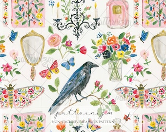 Seamless Pattern, Vintage Vanity Floral Digital Download, Butterfly Crow Repeat Design, Romantic Cottagecore Wallpaper Print