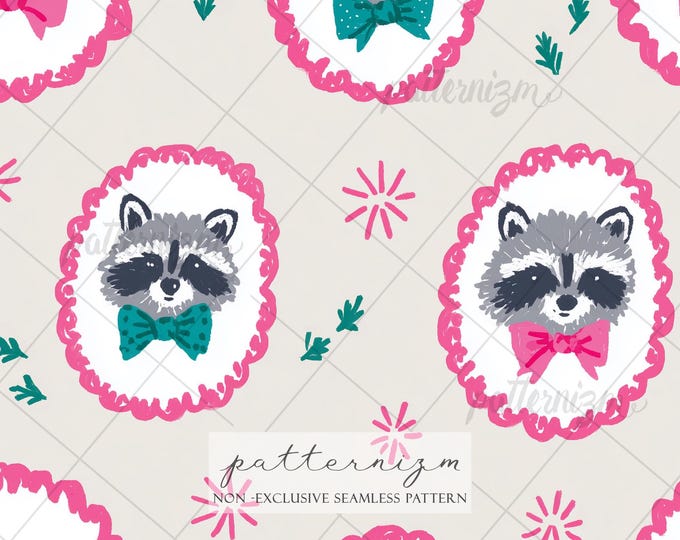 Cute Raccoon Bow Seamless Pattern Digital Download – Pink Coquette Animal Design, Whimsical Woodland Print, Kids Fabric