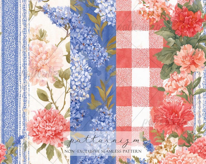 Seamless Patriotic Floral Patchwork Pattern Digital Download – Red Blue Gingham & Vintage Flowers Design, 4th of July Cottagecore Fabric