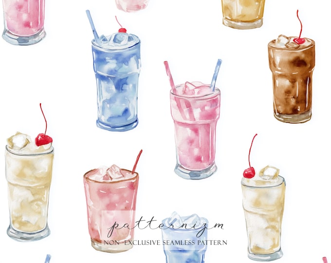 Watercolor Cream Soda Digital Paper – Seamless Retro Drinks with Ice and Cherries in Pink, Blue, Beige for Summer Crafts & Decor