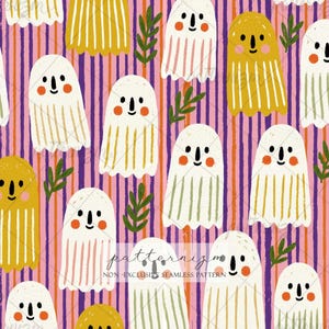 Cute Ghost Seamless Pattern Digital Download – Kawaii Halloween Stripe Design, Pastel Spooky Fabric Print, Whimsical Fall Decor