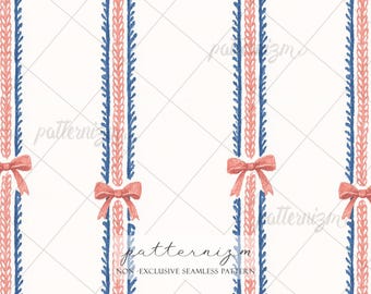 Seamless 4th of July Stripe Pattern Digital Download – Americana Red Blue Ribbon & Bow Design, Whimsical Patriotic Fabric for Crafts