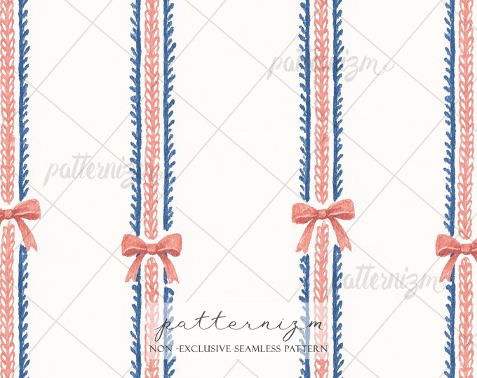 Seamless 4th of July Stripe Pattern Digital Download – Americana Red Blue Ribbon & Bow Design, Whimsical Patriotic Fabric for Crafts