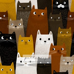 May include: A repeating pattern of cartoon cats in various colors, including black, brown, yellow, and white. The cats have large eyes and are arranged closely together, creating a dense, textured design. The text "patternizm" is visible.