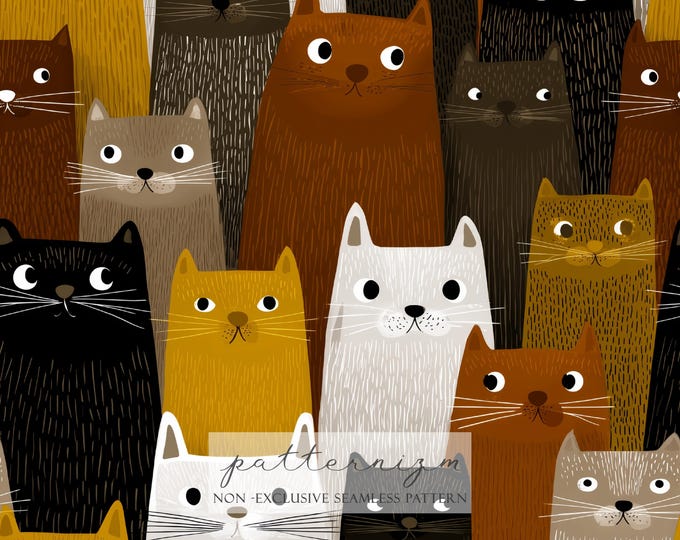 Cute Cat Seamless Pattern Digital Paper – Whimsical Drawing Cats in Earthy Colors, Animal Printable for Nursery & Fabric Crafts