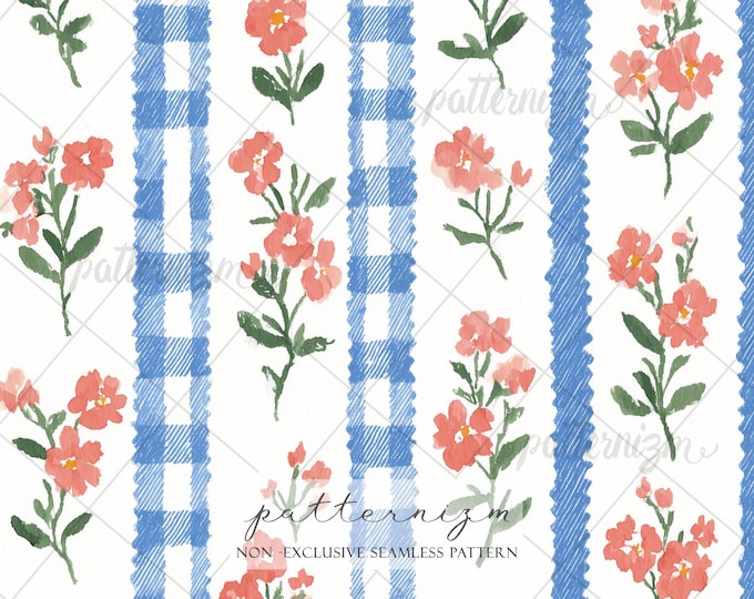 Patriotic Floral Stripe Seamless Pattern, 4th of July Gingham Blue Stripe Design, Red Flower Americana Fabric, Cottagecore Summer Print