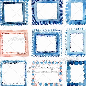 May include: Nine watercolor frames in shades of blue and one in coral. Each frame has a unique border design, including scalloped edges, dotted lines, and geometric patterns. The frames are set against a white background.
