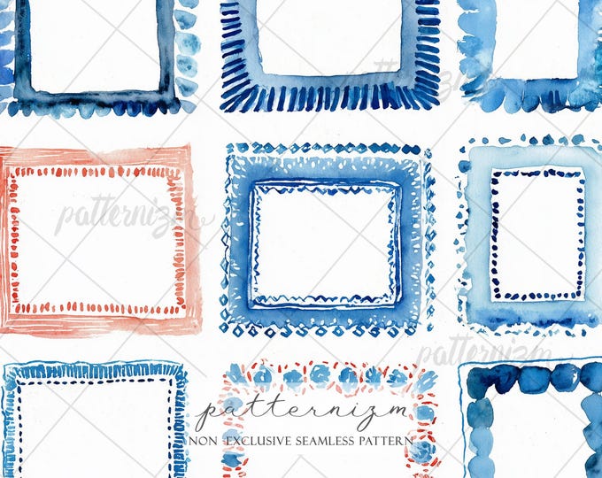 Watercolor Frame Borders Seamless Pattern Digital Download – Painted Blue Red Square Frames, Scrapbook Printable, Creative Paper Design
