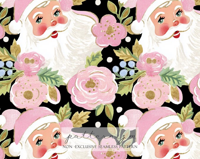 Pink Floral Santa Seamless Pattern - Digital Download