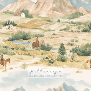 May include: Watercolor illustration of a desert landscape with mountains, riders on horseback, and a small building. The scene is rendered in soft earth tones with green and yellow accents. The text "patternizm" and "NON-EXCLUSIVE SEAMLESS PATTERN" are at the bottom.