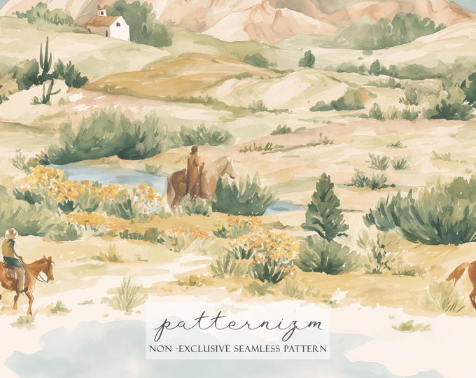 Western Landscape Seamless Pattern – Cowboy Desert Mountains, Rustic Country Scene Repeat Design for Crafts & Fabric