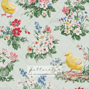 May include: A seamless pattern on a light green background featuring yellow chicks and clusters of red, white, and blue flowers with green leaves. The text patternizm NON-EXCLUSIVE SEAMLESS PATTERN is centered in a white rectangular box overlay.