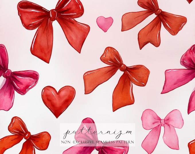Red Pink Bow Seamless Pattern Digital Paper – Watercolor Romantic Ribbon and Heart Design for Valentine Crafts, Gifts and Scrapbooking