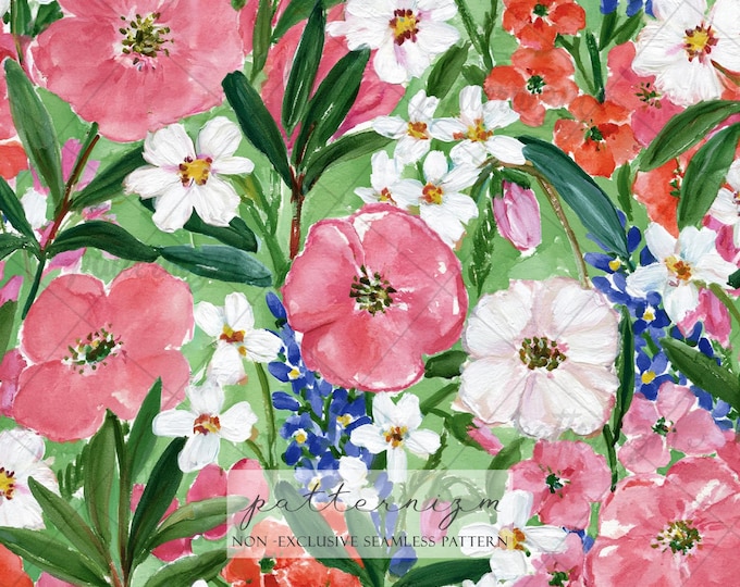 Seamless Spring Meadow Floral Pattern Digital Download – Pink Wildflower Botanical Print, Cottagecore Garden Fabric & Vintage Decor