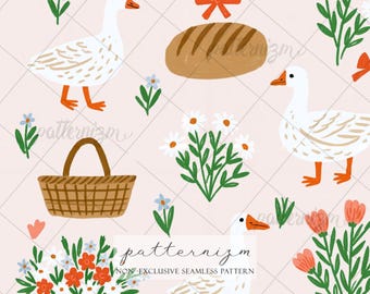 Easter Goose Seamless Pattern, Spring Farmhouse Digital Download, Floral Bread Basket Repeat Design, Cottagecore Farm Ribbon Wallpaper Print