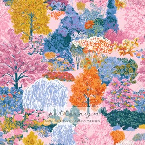 May include: Seamless pattern featuring a colorful garden scene with trees and flowers in shades of pink, yellow, orange, blue, and green. The text "patternizm" and "NON-EXCLUSIVE SEAMLESS PATTERN" are visible.