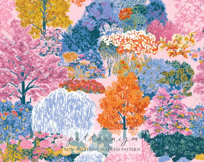 Seamless Whimsical Pink Garden Pattern Digital Download – Colorful Weeping Willow & Spring Tree Design, Nursery Fabric Print
