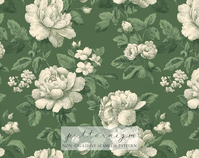 Green and Beige Floral Seamless Pattern Paper, Toile de Jouy, Victorian, Dainty, Flowers, Scrapbooking, Journal, Trendy, Trending Now