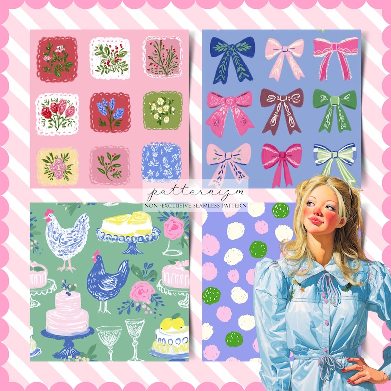 May include: A collage of seamless patterns featuring floral designs, bows, chickens, cakes, and polka dots. The patterns are in various colors, including pink, blue, green, and white. The text "patternizm" and "NON-EXCLUSIVE SEAMLESS PATTERN" are also visible.