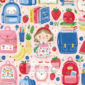 May include: A seamless pattern on a light pink background featuring illustrated school supplies, including blue, pink, and red backpacks, books with the text Back To School, a girl with a strawberry headband, fruit, and an alarm clock.