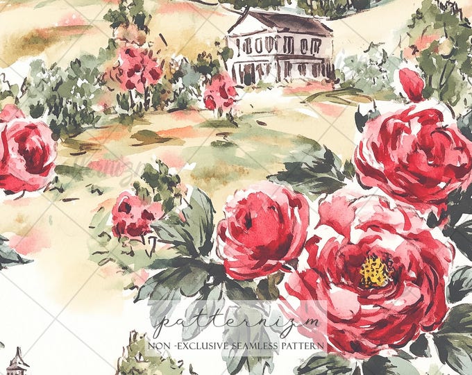 Seamless Vintage Rose Garden Pattern Digital Download – Romantic Landscape Floral Design, French Country Toile Style Fabric