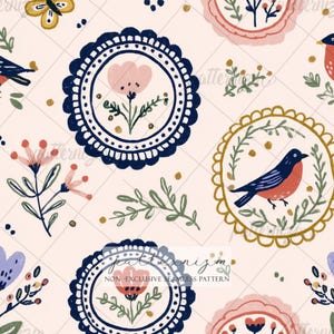 May include: Seamless pattern featuring floral and bird illustrations in a whimsical style. The design includes circular frames with flowers and birds, along with scattered leaves and dots, all set against a light pink background.
