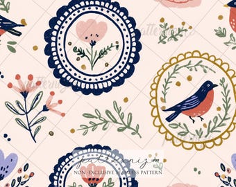 Seamless Folk Bird Pattern Digital Download – Scandinavian Floral Plate Design, Whimsical Nature Fabric & Wallpaper